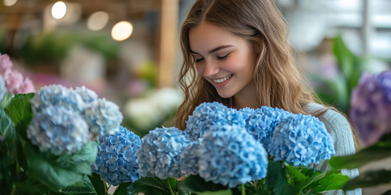 Woman enjoys selecting blue hydrangeas at a flower shop surrounded by vibrant blooms during daylight hours